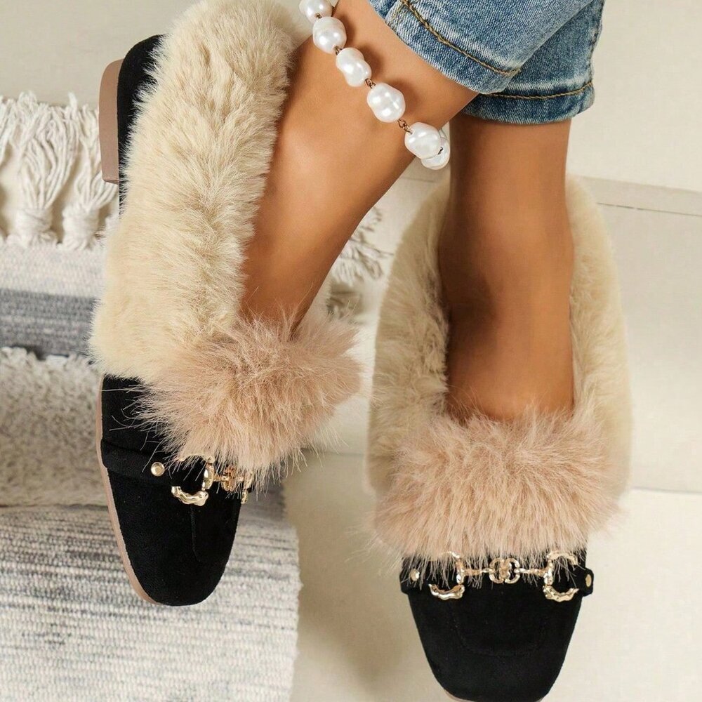 Black Casual Women's Fluffy Square Toe Thermal Slip-On Shoes